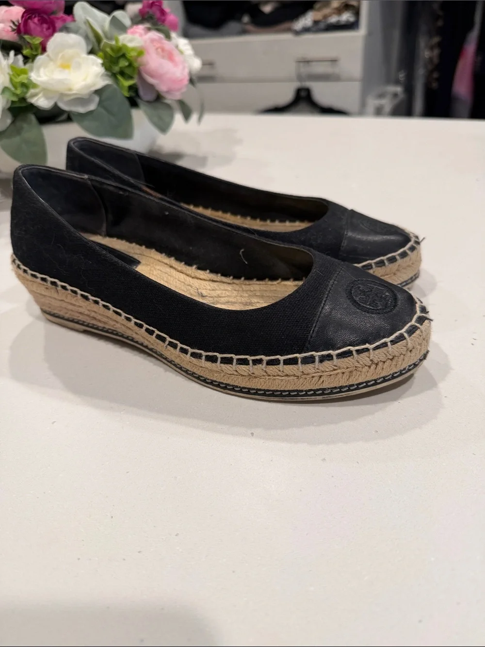 Tory Burch Black Canvas Espadrille Wedge Flats